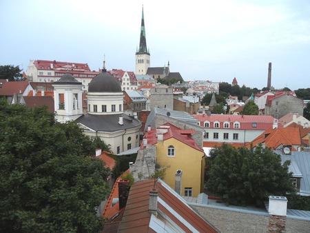 Stunning Rooftop View of Tallinn Old Town with St. Olaf's Church, Estonia, UNESCO World Heritage Siteの写真素材