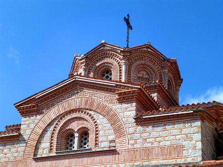 Beautiful Tower of Saint Clement Church Against Vivid Blue Sky, Ohrid, Macedoniaの写真素材