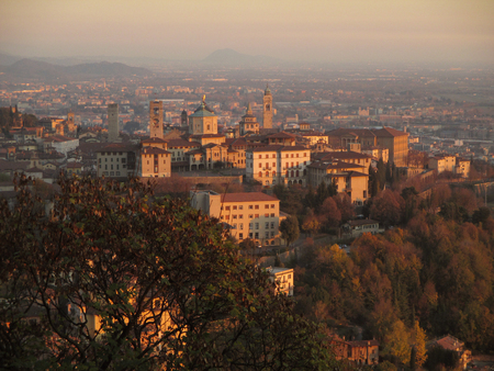 The lower town of Bergamo in the evening light, Bergamo of Northern Italyの写真素材