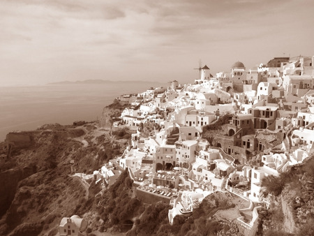 Sepia Tone of Oia Village Landscape over the Caldera, Santorini Island of Greeceの写真素材