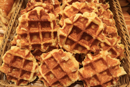 Basket of Fresh Baked Belgian Waffles, Close upの写真素材
