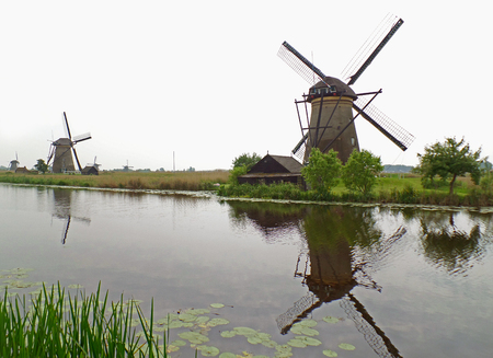 Reflections of Historic Windmills at Kinderdijk,のeditorial素材