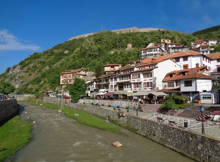 The Prizren Bistrica river flows through Prizren old city center in a beautiful sunny day, Kosovoのeditorial素材