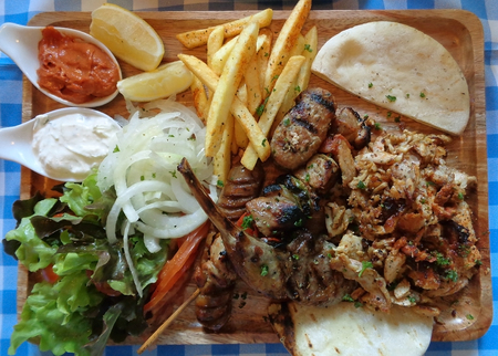 Top view of Souvlaki Platter, one of the most popular Greek dishes