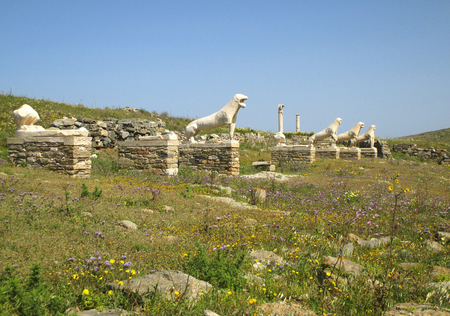 Terrace of the Lions with the Famous Lions of the Naxians Statues, Archaeological Site of Delos, Delos Island, Greeceの写真素材