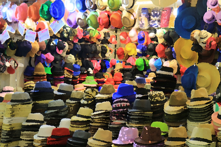 Blurred image of uncountable colorful hats and many of hat stacks in a hat shop for backgroundの写真素材