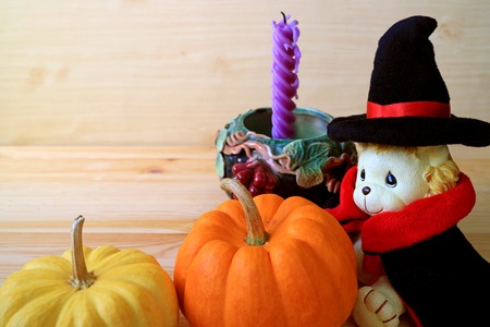 Halloween Decoration with Lion Toy in Wizard Costume and Vibrant Color Ripe Pumpkins, Blurred Purple Candle in Backgroundの写真素材
