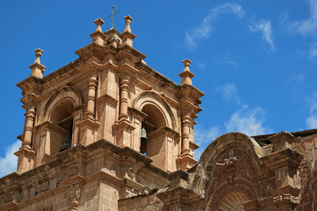 Impressive bell tower of Puno Cathedral against blue sky, Puno, Peruのeditorial素材