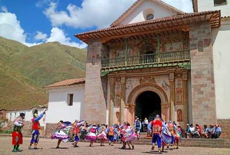 Local People Celebrating in front of San Pedro Apostol de Andahuaylillas Church on 10th May 2018, Andahuaylillas Town, Cusco Region, Peruのeditorial素材