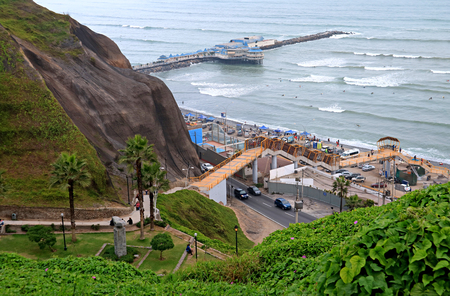 Aerial view of Miraflores beach on the Pacific coast, Lima, Peru, South America on May 18th 2018の写真素材