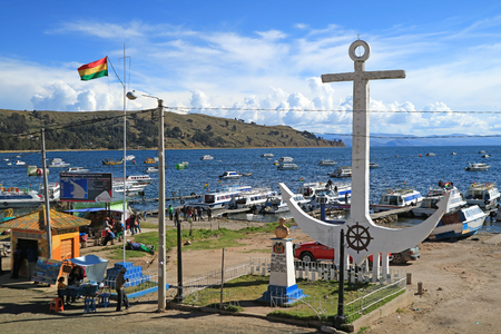 Giant White Anchor Sculpture on the Shore of Lake Titicaca, a Small Tourist Town of Copacabana, Bolivia on 28th April 2018のeditorial素材