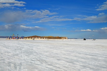The First Salt Hotel(Now is a Museum) of Uyuni Salt Flats with the Flags of Many Countries Around the World, Bolivia, South America on 25th April 2018の写真素材