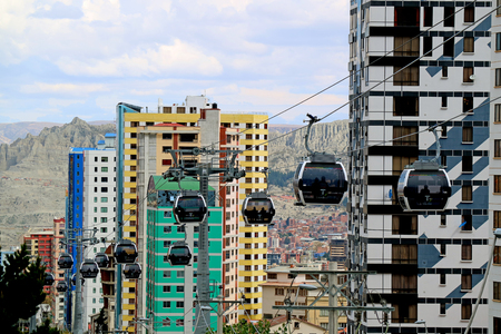 The World's Highest Cable Car Network "Mi Teleferico" with Colorful Modern Buildings and Moon Valley in Background, La Paz, Bolivia, 27th April 2018のeditorial素材