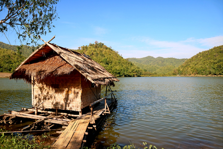 Bamboo raft on the shore of Hoob Khao Wong Reservoir or Pang Oung of Suphan, Suphanburi province, Thailandの写真素材