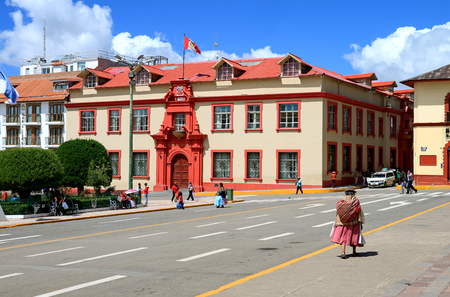 Plaza de Armas Square with the Palacio de Justicia, Stunning Building in the City Center of Puno, Peruのeditorial素材