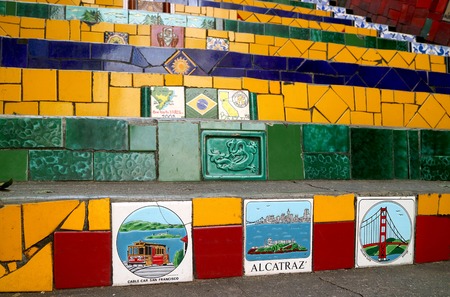 The famous Selaron Steps has 215 steps covered in over 2000 tiles collected from over 60 countries around the world, Rio de Janeiro, Brazil, 24th May 2018のeditorial素材