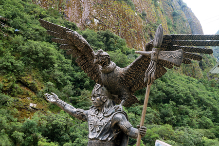 Statue of the Inca Cosmological Trilogy at the town of Aguas Calientes or Machupicchu Pueblo, the foothill of Machu Picchu historical site, Cusco region, Peruの写真素材