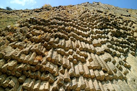Breathtaking Low Angle View of the Symphony of Stones, Hexagon and Pentagon Shape Basalt Columns at Garni Gorge, Armeniaの写真素材