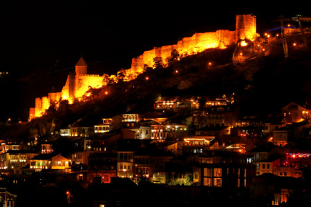 Stunning Night View of Lighted Up Narikala Ancient Fortress, Tbilisi, Georgiaのeditorial素材