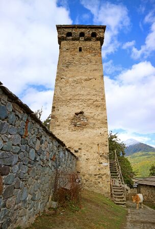 One of Historic Svan Tower-houses in the Village of Mestia, Svaneti Region, Georgiaの写真素材