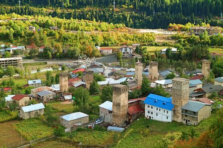 Aerial View of Mestia Town with the Medieval Swan Tower-houses, Upper Svaneti of Georgiaの写真素材