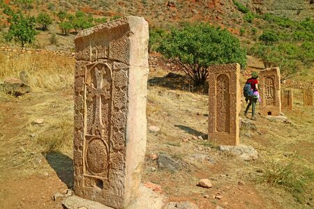 Many of Surviving Ancient Khachkars or Armenian Cross-stones Inside Noravank Monastery Complexの写真素材
