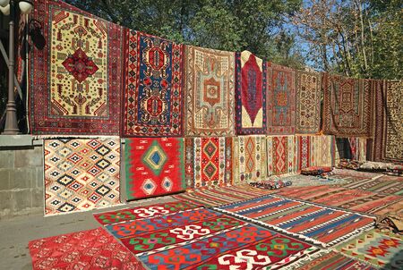 Various Patterns of Carpets for Sale at Vernissage Market in Downtown Yerevan, Armeniaの写真素材