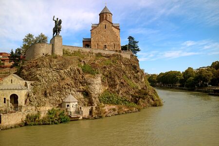 Metekhi Church with King Vakhtang Gorgasali Statue on Mtkvari Riverbank's Rocky Outcrop, Tbilisi Old...