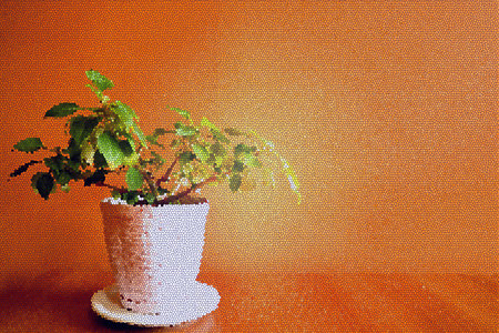 Illustration in Impressionism Style Stained Glass of a Potted Plant with Orange Wall Backgroundの写真素材