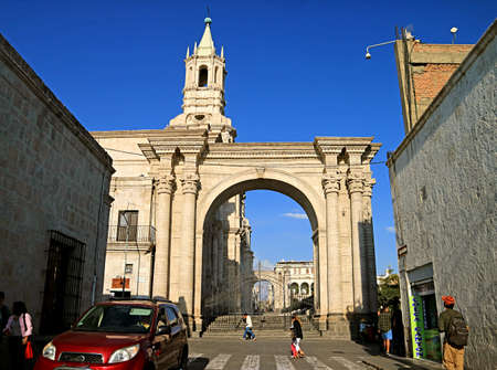 City of Arequipa with the Side View of Basilica Cathedral of Arequipa, Peru, South Americaのeditorial素材