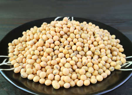 Pile of dried soybeans in a black plateの写真素材