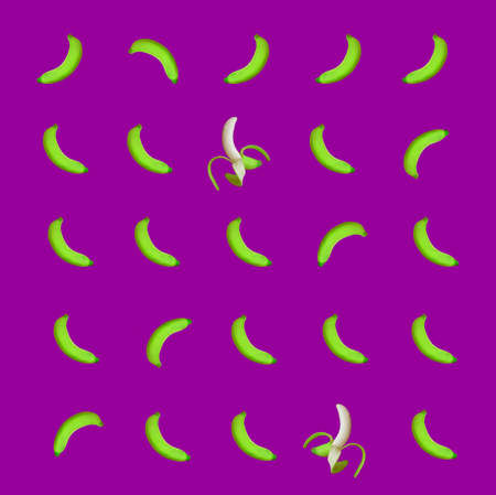 Pop Art Style Rows of Vivid Green Skin Fresh Banana on Vibrant Purple Backgroundの写真素材