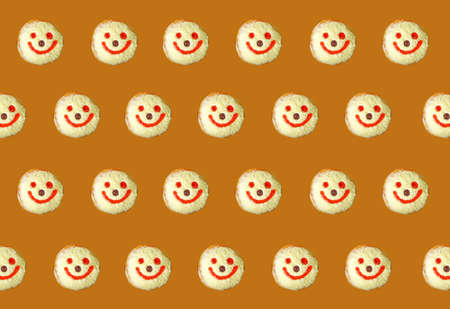 Rows of Smiling Face Coconut Flakes Jelly Donuts Pattern on Caramel Color Background