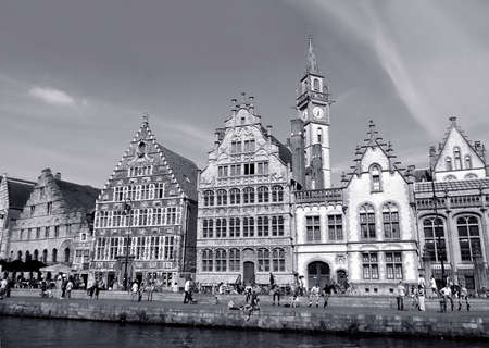 Group of Stunning Architectures of Historic Center of Ghent, Belgium in Monochromeの写真素材