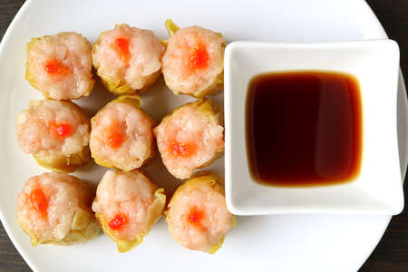 Top View of Mouthwatering Shrimp and Pork Filled Chinese Steamed Dumplings or Shumaiの写真素材