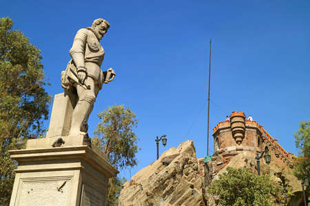 Monument of Pedro de Valdivia, a Spanish Conquistador and Castle Hidalgo on the Hilltop of Cerro...