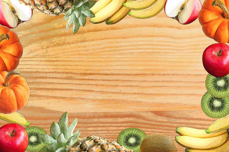 Illustration of Frame of Colorful Assorted Fresh Fruits on Wooden Backdrop