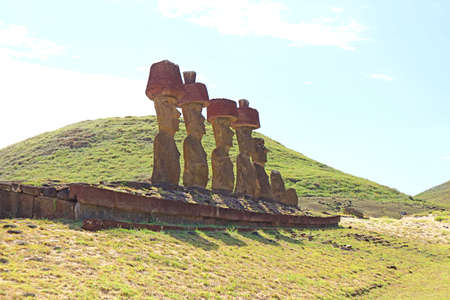 Seven of gigantic Moai statues ruins of Ahu Nau Nau at Anakena beach, Easter island, Chile, South Americaのeditorial素材