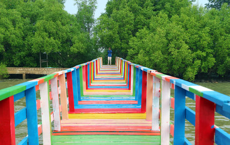 Amazing Rainbow Boardwalk Bridge on Thailand Bay, Samut Sakorn Province, Central Region of Thailandの写真素材