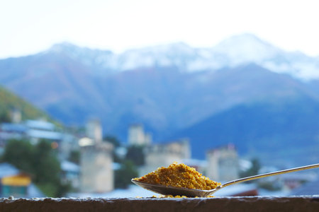 Closeup a Spoon of Georgian Svan Salt with Blurry Caucasus Mountains and Mestia Town in the Backdropの写真素材
