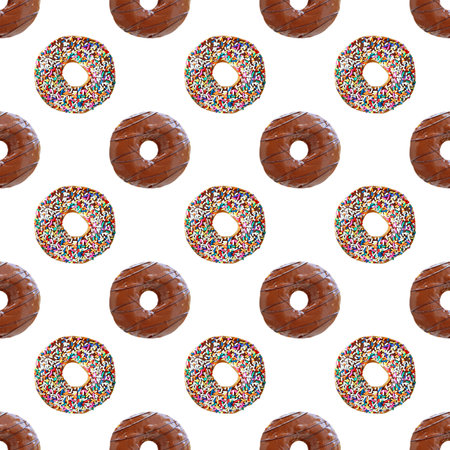 Seamless Pattern of Two Types of Delectable Chocolate Glazed Donuts on transparent backdrop, PNG fileの写真素材
