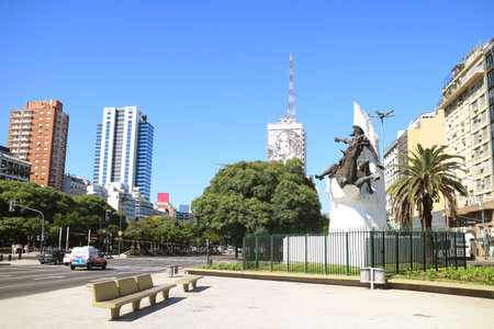 Avenida 9 de Julio Avenue of Buenos Aires with Impressive Building of the Ministry of Health and Public Works Depicting an Image of Eva Peron on its Facade, Argentina, South Americaの写真素材