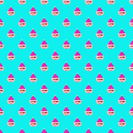 Seamless Pattern of Pink Santa Clause Christmas Cookies on Sky Blue Background