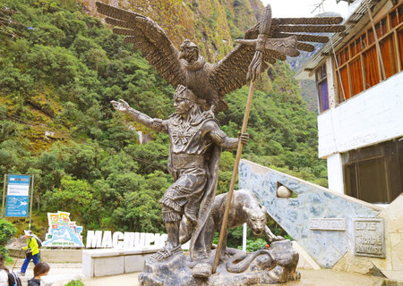 Monument of the Inca Cosmological Trilogy at Aguas Calientes or Machupicchu Pueblo Town, the Gateway to Archaeological site of Machu Picchu, Cusco Region, Peru, South Americaのeditorial素材