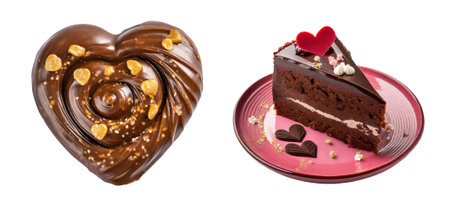 Mouthwatering Heart Shaped Chocolate Glazed Doughnut with Slice of Chocolate Cake Isolated on Transparent Background, PNG fileの素材