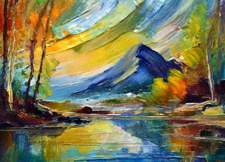 Illustration of Oil Painting of Lake and Mountain in Fall Foliageの素材