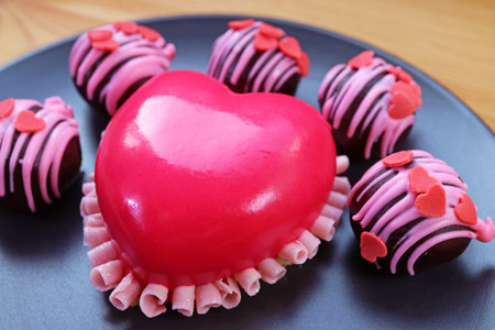 Closeup of Vivid Pink Heart Shaped Strawberry Mousse Cake with Chocolate Cake Balls on Black Plate