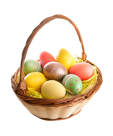 Basket of Chocolate and Vitamin Colored Easter Eggs on Transparent Background, PNG fileの素材