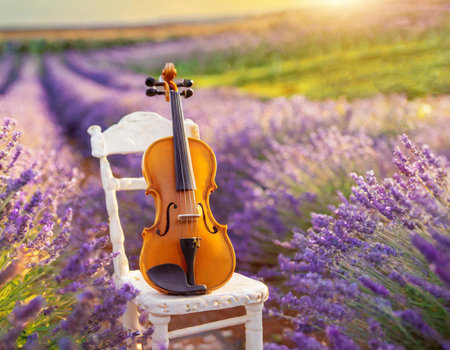 Violin on a white chair in beautiful lavender fieldの素材