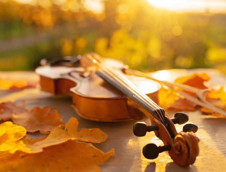 Closeup of a violin amongst golden autumn fallen leavesの素材